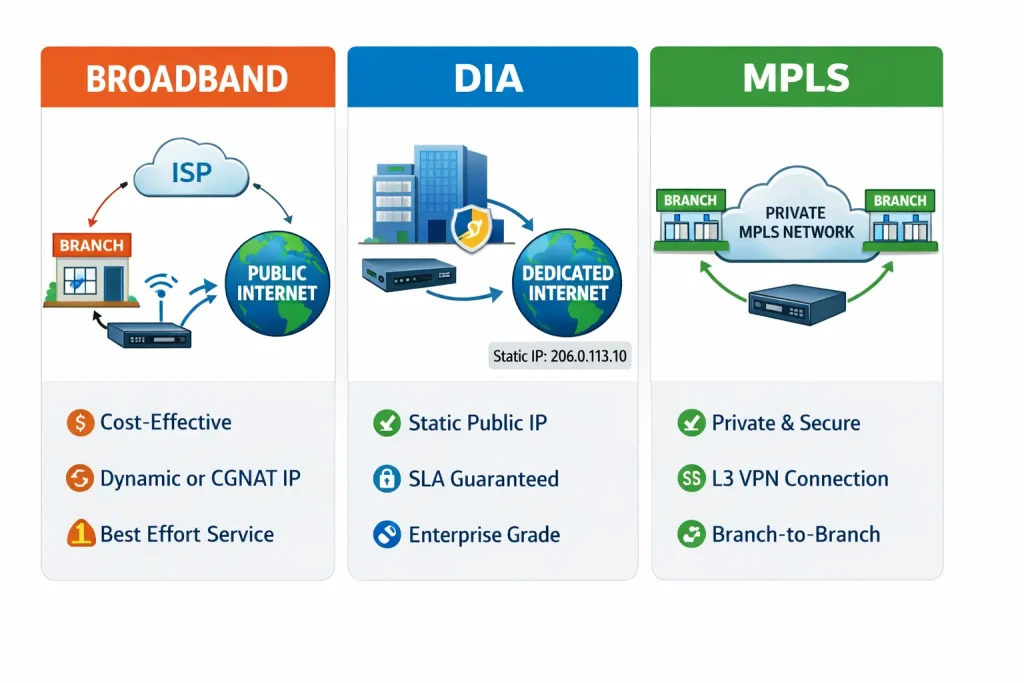 WAN Link Connection Types | MPLS | DIA | 4G/5G | Broadband 3 Comparison of Broadband,DIA,MPLS